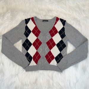 Brandy Melville Gray Cropped Elizabeth Argyle Cardigan XS NWOT